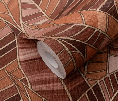 Elle Decoration 4 Terracotta-arany levél mintás (lángálló, mosható) vlies-vinyl tapéta