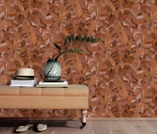 Elle Decoration 4 Terracotta-arany levél mintás (lángálló, mosható) vlies-vinyl tapéta