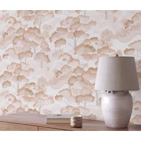   Elle Decoration 4 Fehér-bronz fa és levél mintás (lángálló, mosható) vlies-vinyl tapéta