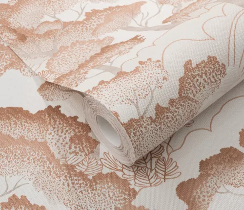 Elle Decoration 4 Fehér-bronz fa és levél mintás (lángálló, mosható) vlies-vinyl tapéta