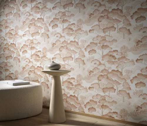Elle Decoration 4 Fehér-bronz fa és levél mintás (lángálló, mosható) vlies-vinyl tapéta