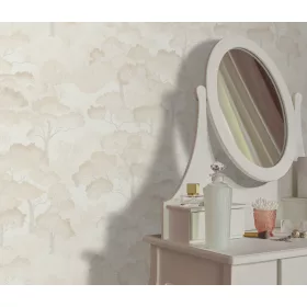   Elle Decoration 4 Fehér-gyöngyház fa és levél mintás (lángálló, mosható) vlies-vinyl tapéta