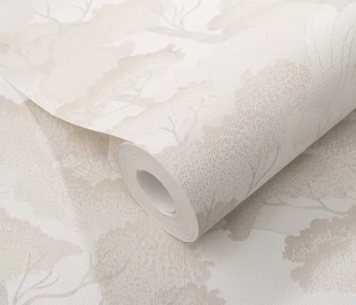 Elle Decoration 4 Fehér-gyöngyház fa és levél mintás (lángálló, mosható) vlies-vinyl tapéta