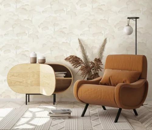 Elle Decoration 4 Fehér-gyöngyház fa és levél mintás (lángálló, mosható) vlies-vinyl tapéta