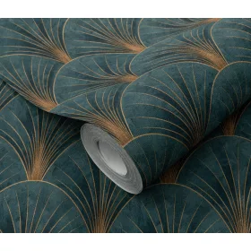   Elle Decoration 4 Türkizzöld-arany art deco mintás (lángálló, mosható) vlies-vinyl tapéta