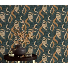   Elle Decoration 4 Türkizzöld-arany női arc mintás (lángálló, mosható) vlies-vinyl tapéta
