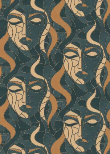 Elle Decoration 4 Türkizzöld-arany női arc mintás (lángálló, mosható) vlies-vinyl tapéta