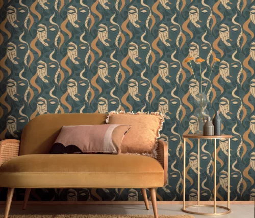 Elle Decoration 4 Türkizzöld-arany női arc mintás (lángálló, mosható) vlies-vinyl tapéta