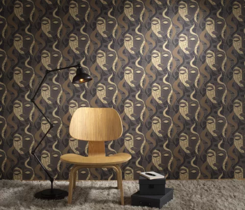 Elle Decoration 4 Barna-arany női arc mintás (lángálló, mosható) vlies-vinyl tapéta