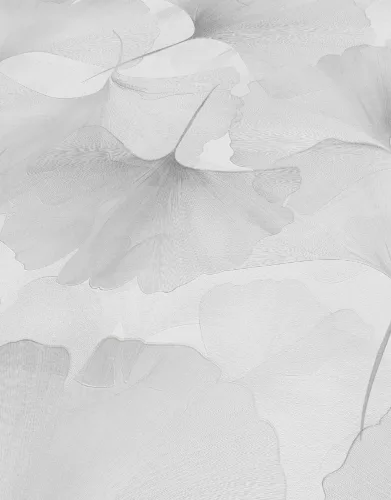 Elysium fehér alapon halványszürke szaténfényű Ginkgo Biloba (lángálló, mosható) vlies-vinyl tapéta