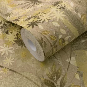   Secret Garden: Arany alapon sárga virágok sárgás-zöldes levelekkel (lángálló, mosható) vlies-vinyl tapéta