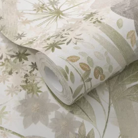   Secret Garden: Fehér alapon zöld-szürle, kis bézses virágok levelekkel (lángálló, mosható) vlies-vinyl tapéta