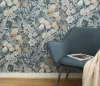 Secret Garden: Farmerkékes alapon bézs-szürke virágok levelekkel (lángálló, mosható) vlies-vinyl tapéta