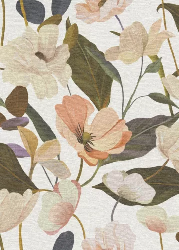 Secret Garden: Fehér alapon barack színű nagy magnóliás (lángálló, mosható) vlies-vinyl tapéta