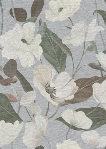 Secret Garden: Liláskék alapon fehér színű nagy magnóliás (lángálló, mosható) vlies-vinyl tapéta