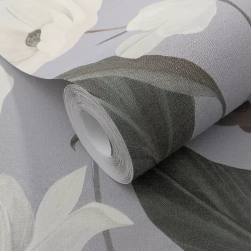 Secret Garden: Liláskék alapon fehér színű nagy magnóliás (lángálló, mosható) vlies-vinyl tapéta
