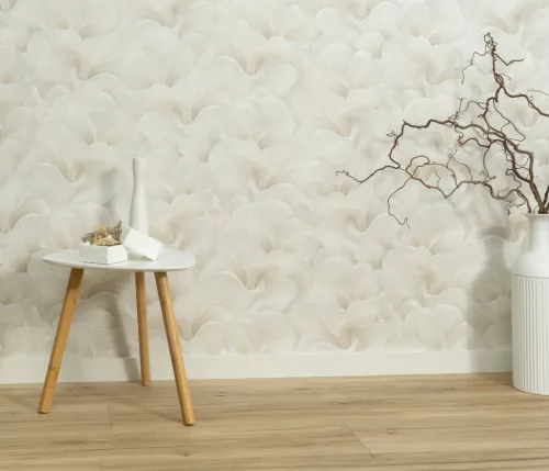 Krém csillogó metálos Ginkgo mintás (lángálló, mosható) vlies-vinyl tapéta