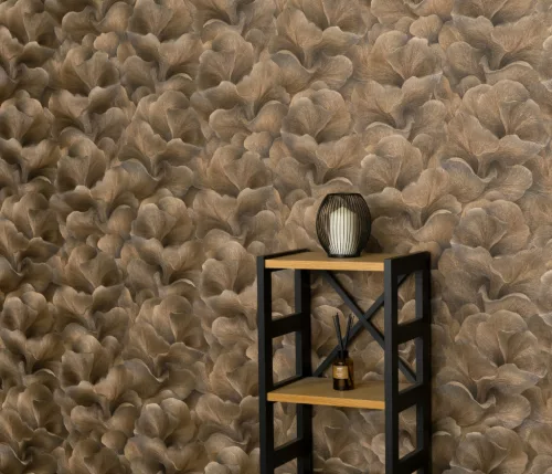 Bronz csillogó metálos Ginkgo mintás (lángálló, mosható) vlies-vinyl tapéta