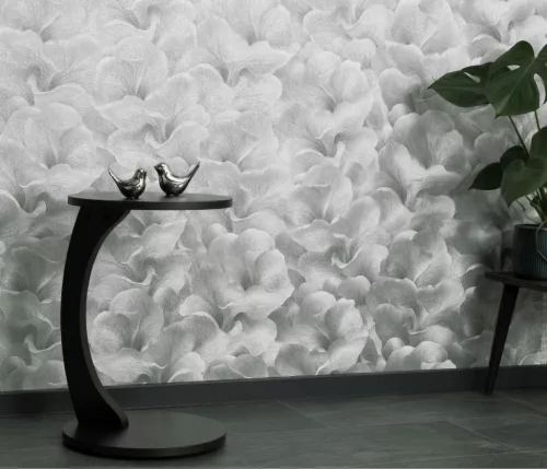 Ezüst csillogó metálos Ginkgo mintás (lángálló, mosható) vlies-vinyl tapéta