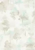 Forest Dreams: Halványkék-bézs erdei fa mintás (lángálló, mosható) vlies-vinyl tapéta