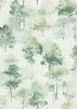 Forest Dreams: Zöld-fehér erdei fa mintás (lángálló, mosható) vlies-vinyl tapéta