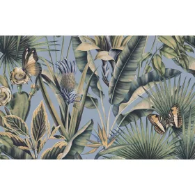   Tahiti: Kék alapon zöld-barna dzsungel mintás (mosható) vlies alapon vinyl felületű tapéta