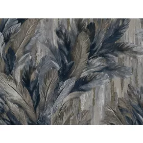   Tahiti: Acélkék-olajbarna-kagylóezüst selyemfényű glamour levél mintás (mosható) vlies alapon vinyl felületű tapéta