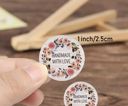 Papír öntapadós Handmade with love virágos matrica Ø25mm