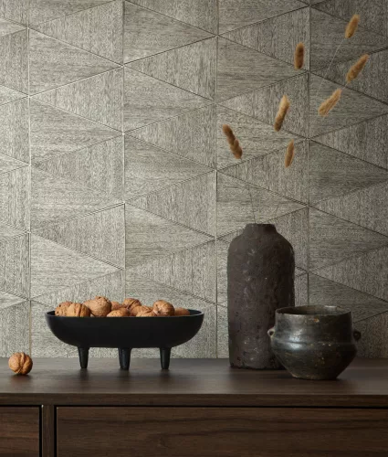 Travertino: szürke geometrikus kőmozaik mintás (mosható) vlies tapéta
