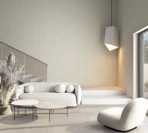 Travertino: barna-bézs geometrikus fa-kő mozaik mintás (mosható) vlies tapéta