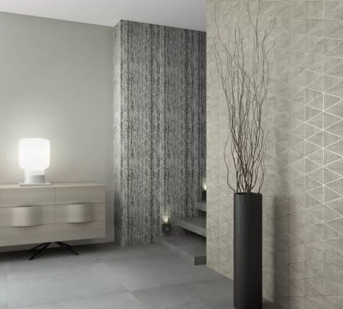 Travertino: barna-bézs geometrikus fa-kő mozaik mintás (mosható) vlies tapéta