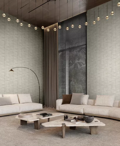 Travertino: barna-bézs geometrikus fa-kő mozaik mintás (mosható) vlies tapéta