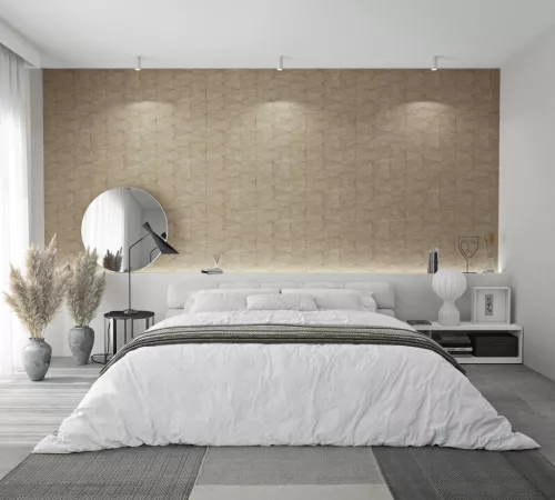Travertino: homokbézs és taupe geometrikus mozaik mintás (mosható) vlies tapéta