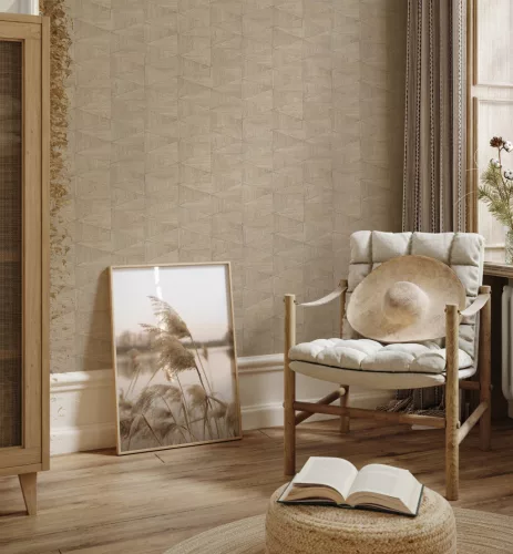 Travertino: homokbézs és taupe geometrikus mozaik mintás (mosható) vlies tapéta
