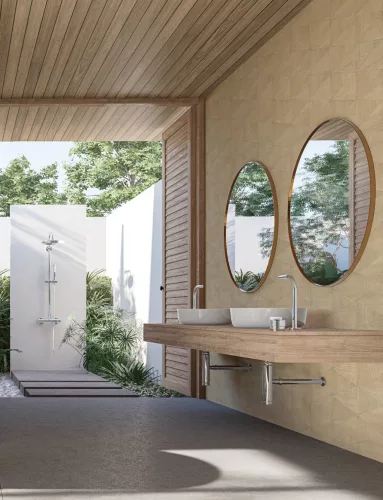 Travertino: homokbézs és taupe geometrikus mozaik mintás (mosható) vlies tapéta