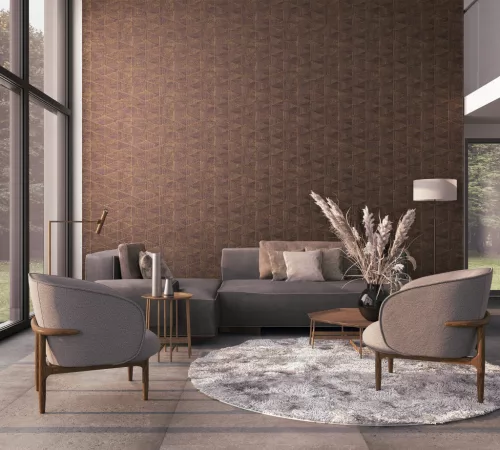 Travertino: barna-réz fahatású geometrikus csempemintás (mosható) vlies tapéta