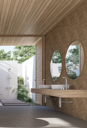 Travertino: sötétbarna fa lamella mintás (mosható) vlies tapéta