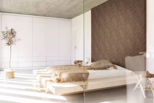 Travertino: szürkésbarna fa lamella mintás (mosható) vlies tapéta