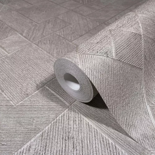 Ritus: Ezüst szürke törtfehér gyöngyházas fényes hatású négyszöges modern dombormintás (mosható) vlies-vinyl tapéta