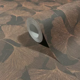   Boho: Éjfekete-antikolt bronz ginkgo mintás lenvászon hatású (mosható) vlies-vinyl tapéta