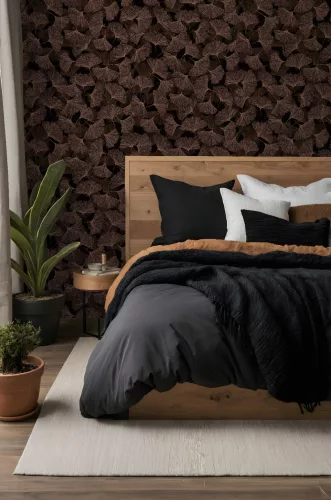 Boho: Éjfekete-antikolt bronz ginkgo mintás lenvászon hatású (mosható) vlies-vinyl tapéta