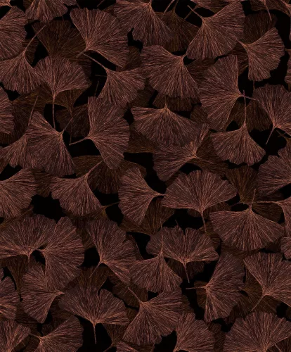 Boho: Éjfekete-antikolt bronz ginkgo mintás lenvászon hatású (mosható) vlies-vinyl tapéta