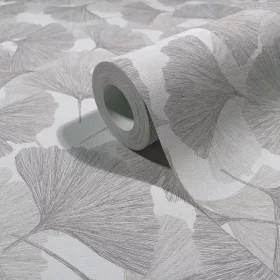   Boho:  Ezüstszürke ginkgo mintás lenvászon hatású (mosható) vlies-vinyl tapéta