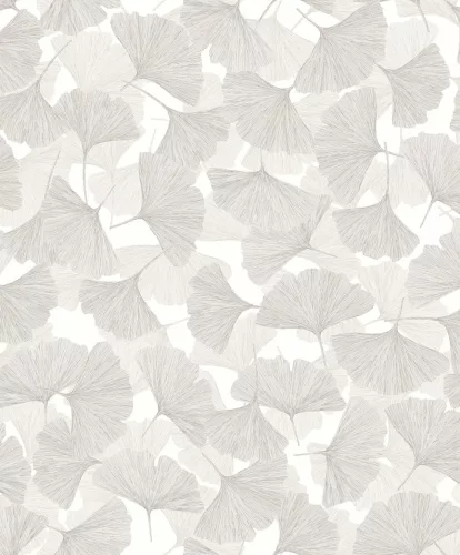 Boho:  Ezüstszürke ginkgo mintás lenvászon hatású (mosható) vlies-vinyl tapéta