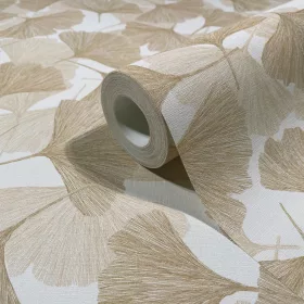   Boho: Natúr aranybézs ginkgo mintás lenvászon hatású (mosható) vlies-vinyl tapéta