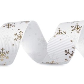   Karácsonyi ripsz szalag: Fehér-arany hópelyhes 25 mm széles