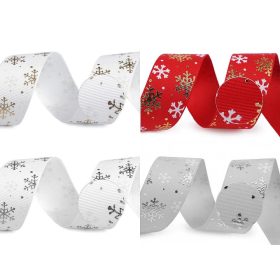  Karácsonyi ripsz szalag: Fehér-arany hópelyhes 25 mm széles