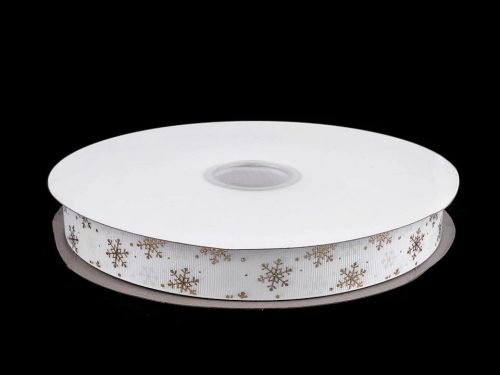 Karácsonyi ripsz szalag: Fehér-arany hópelyhes 25 mm széles