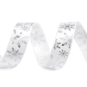   Karácsonyi szatén szalag: Fehér a. EZÜST hologr. hópelyhes 16 mm széles