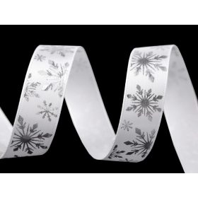   Karácsonyi szatén szalag: Fehér a. EZÜST hologr. hópelyhes 16 mm széles